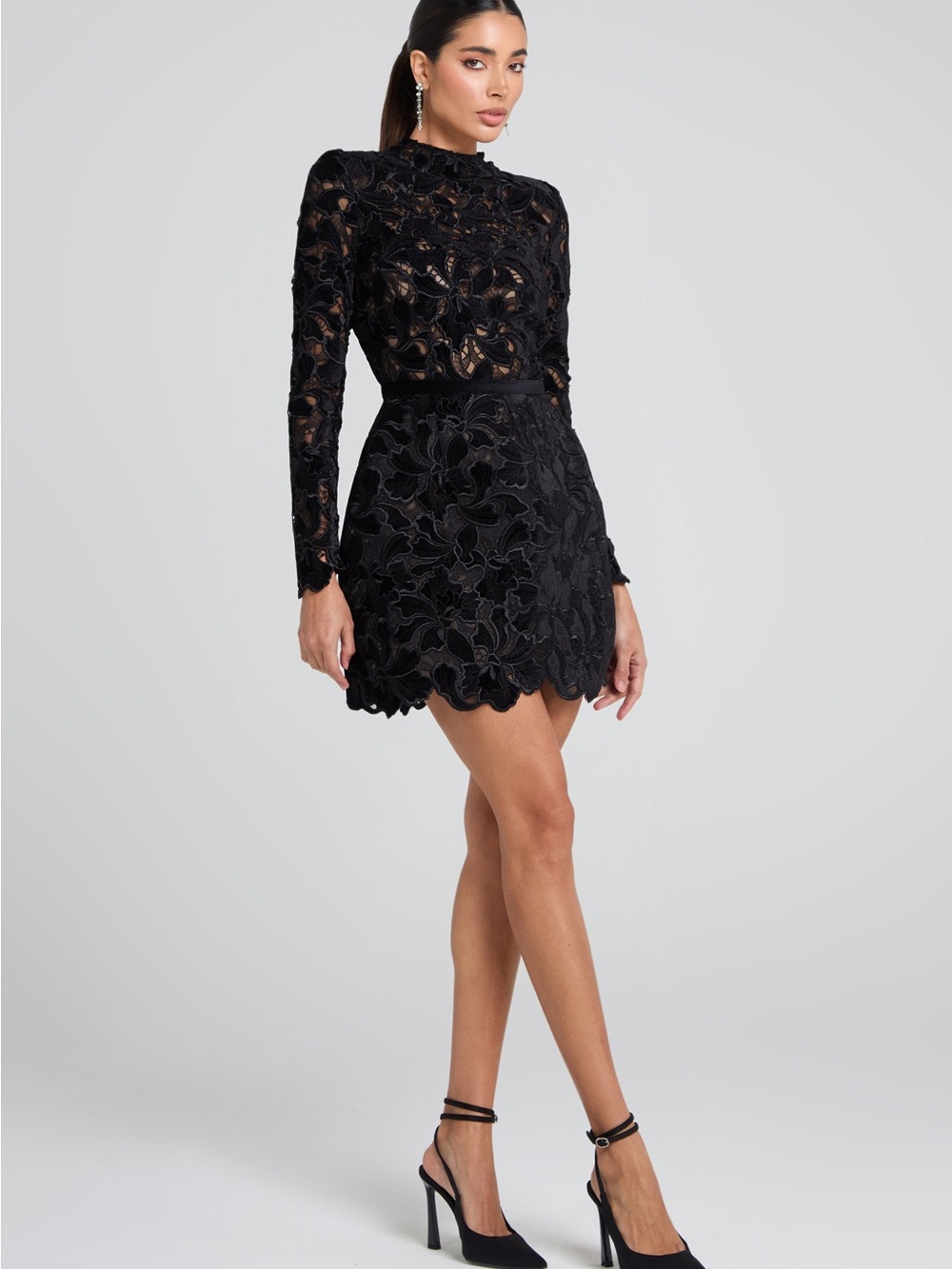 NADINE MERABI Black‎ Lace High-Neck Long-Sleeve Mini Dress
